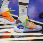 Apr 14, 2024; Orlando, Florida, USA; A detailed view of the shoes worn by Milwaukee Bucks guard Patrick Beverley (21) during the game against the Orlando Magic at KIA Center. Mandatory Credit: Mike Watters-USA TODAY Sports