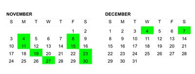 A calendar for November 2024 & December 2024 with the dates of Marquette men’s basketball games marked in green