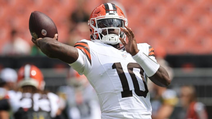 Aug 10, 2024; Cleveland, Ohio, USA; Cleveland Browns quarterback Tyler Huntley (10) before the game against the Green Bay Packers at Cleveland Browns Stadium.