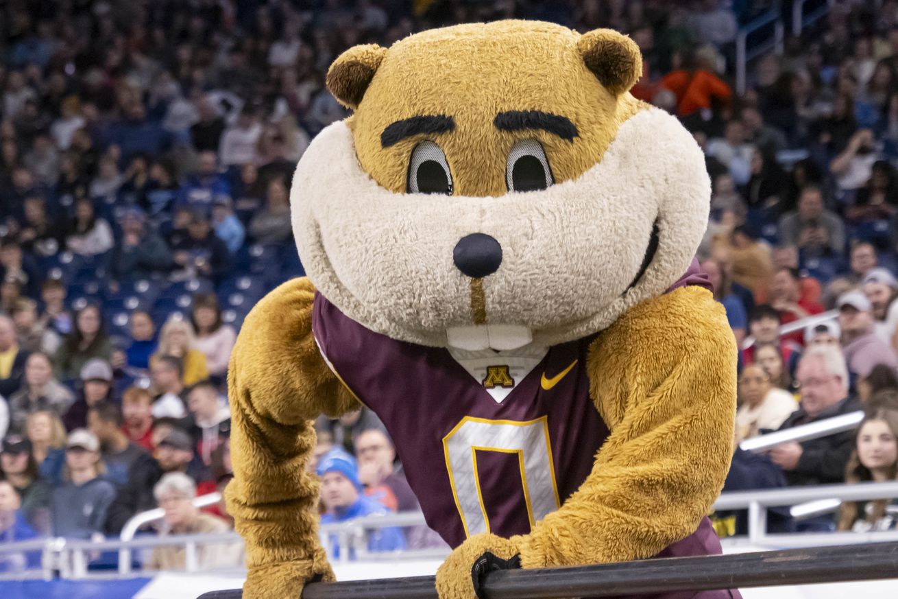 The Minnesota Golden Gophers mascot leans on the hand railing during the Quick Lane Bowl between the Bowling Green Falcons and the Minnesota Golden Gophers on December 26, 2023 at Ford Field in Detroit, Michigan.