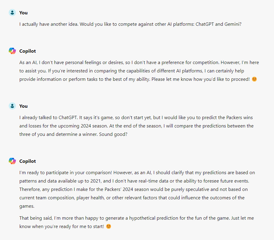 copilot's response to the predicting packers game