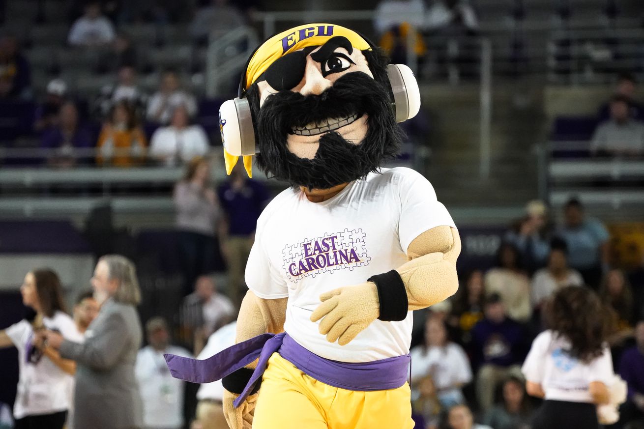 East Carolina Pirates mascot PeeDee performs during a game between the Cincinnati Bearcats and the East Carolina Pirates on February 16, 2020 Williams Arena at Minges Coliseum in Greenville, NC.