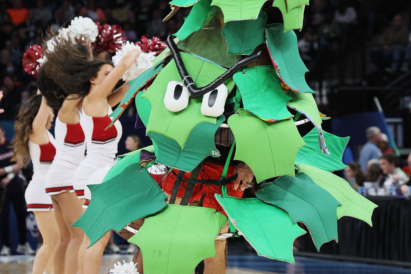 The Stanford Cardinal mascot and cheerleaders perform during a timeout in the third quarter against the UConn Huskies during the 2022 NCAA Women’s Final Four semifinal game at Target Center on April 01, 2022 in Minneapolis, Minnesota.