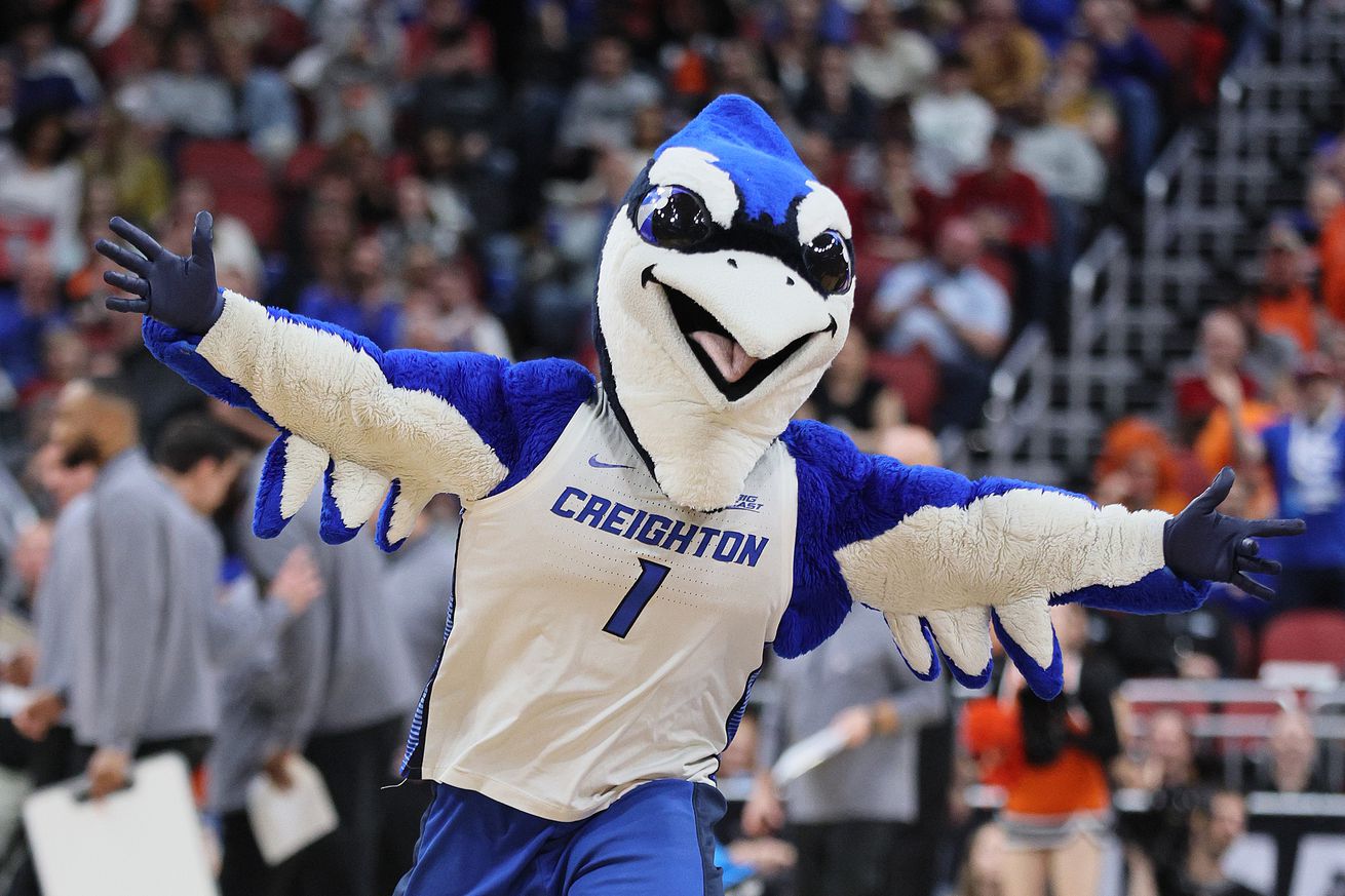 The Creighton Bluejays mascot, Billy Bluejay, takes the court during the first half in the Sweet 16 round of the NCAA Men’s Basketball Tournament at KFC YUM! Center on March 24, 2023 in Louisville, Kentucky.