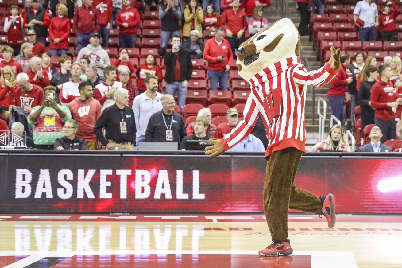 Wisconsin mascot Bucky Badger runs onto the court during a college basketball game between the University of Wisconsin Badgers and the Arkansas State University Red Wolves on November 6, 2023 at the Kohl Center in Madison, WI.