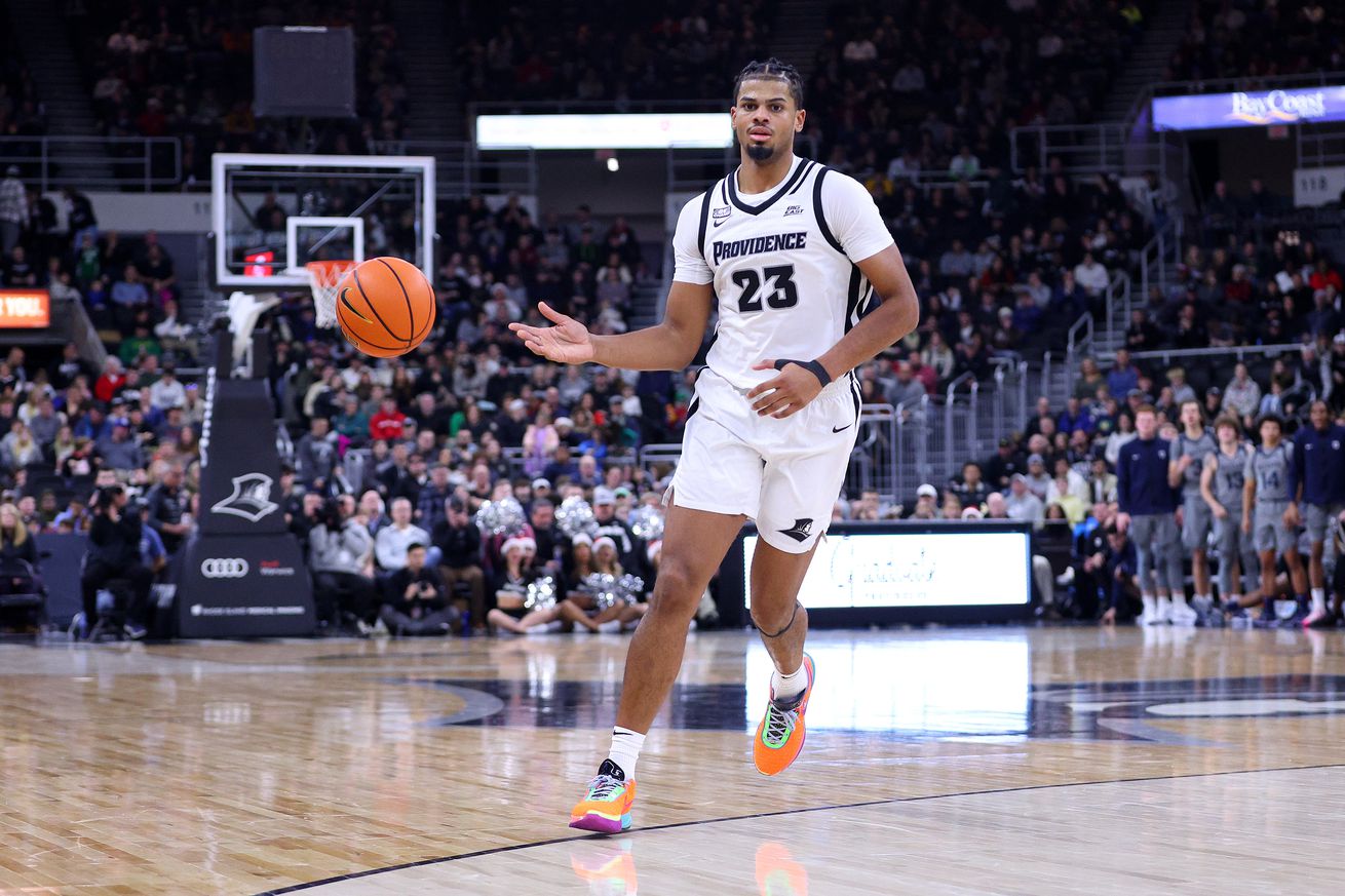 Providence Friars forward Bryce Hopkins (23) passes the ball during the college basketball game between Butler Bulldogs and Providence Friars on December 23, 2023, at Amica Mutual Pavilion in Providence, RI.