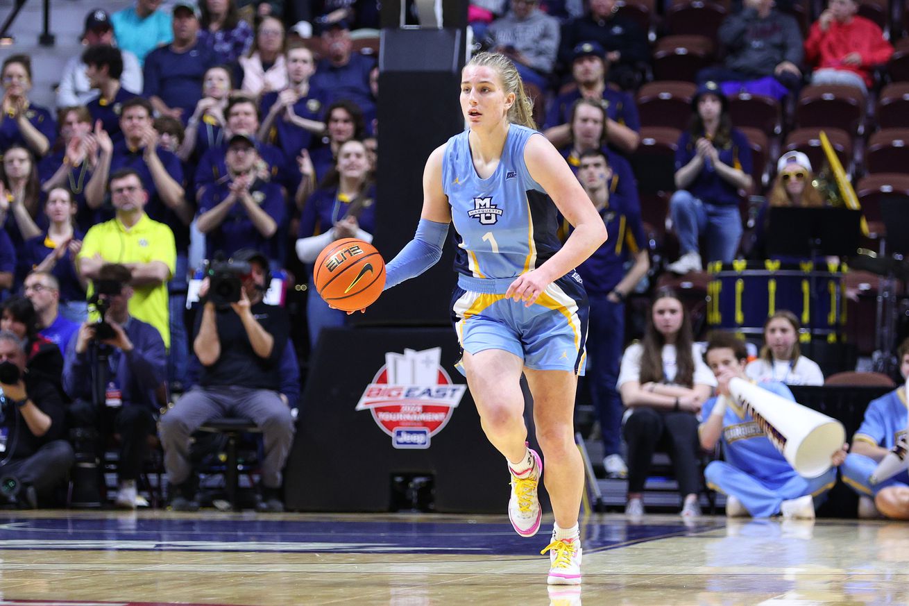 Marquette Golden Eagles guard Lee Volker (1) dribbles the ball up court during the Women’s Big East Tournament semifinals game between Marquette Golden Eagles and UConn Huskies on March 10, 2024, at Mohegan Sun Arena in Uncasville, CT.