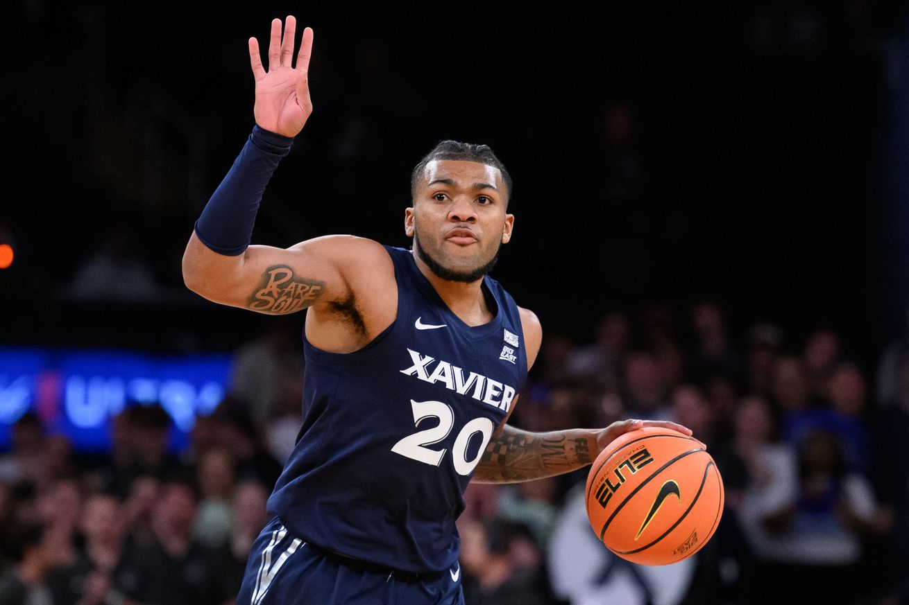 Xavier Musketeers guard Dayvion McKnight (20) calls out a play during the Big East Tournament men’s college basketball game between the Butler Bulldogs and Xavier Musketeers on March 13, 2024, at Madison Square Garden in New York, NY.