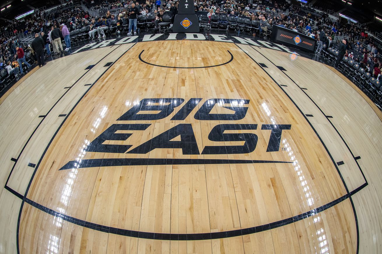 A general view of the Big East logo on the court during the first round game of the National Invitational Tournament (NIT) between the Boston College Eagles and the Providence College Friars on March 19, 2024 at Amica Mutual Pavilion in Providence, RI.