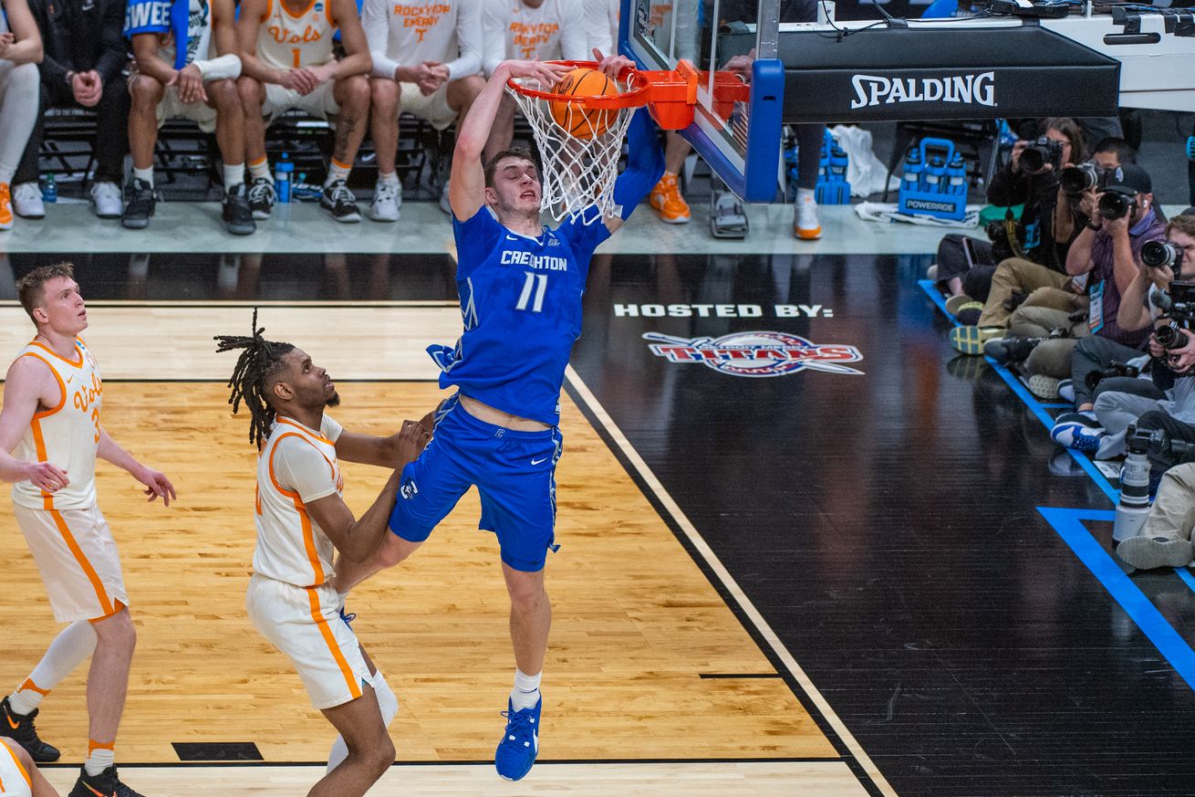 Ryan Kalkbrenner #11 of the Creighton Blue Jays dunks the ball against Jonas Aidoo #0 of the Tennessee Volunteers during the first half of a NCAA Men’s Basketball Tournament - Midwest Regional game at Little Caesars Arena on March 29, 2024 in Detroit, Michigan.