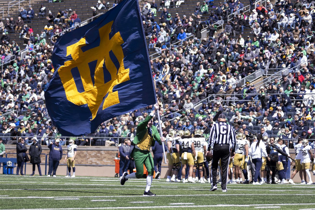 The Notre Dame mascot takes the field during the Notre Dame Spring Game at Notre Dame Stadium on April 20, 2024.