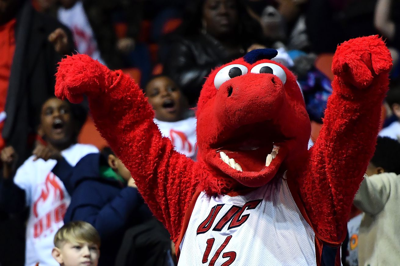 Illinois-Chicago Flames’ mascot celebrates with fans during a game between the Northern Kentucky Norse and the Illinois-Chicago Flames on January 27, 2017 at the UIC Pavilion in Chicago, Illinois.