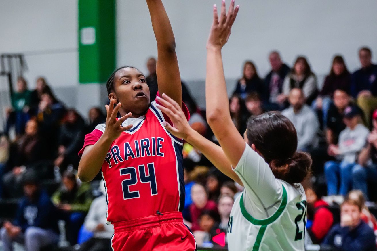 The Prairie School’s Jasonya ”JJ” Barnes (24) elevates for a shot over Dominican’s Alicia Burgos Schroeder (21) during the game at Dominican in Whitefish Bay, Thursday, Jan. 19, 2023. 