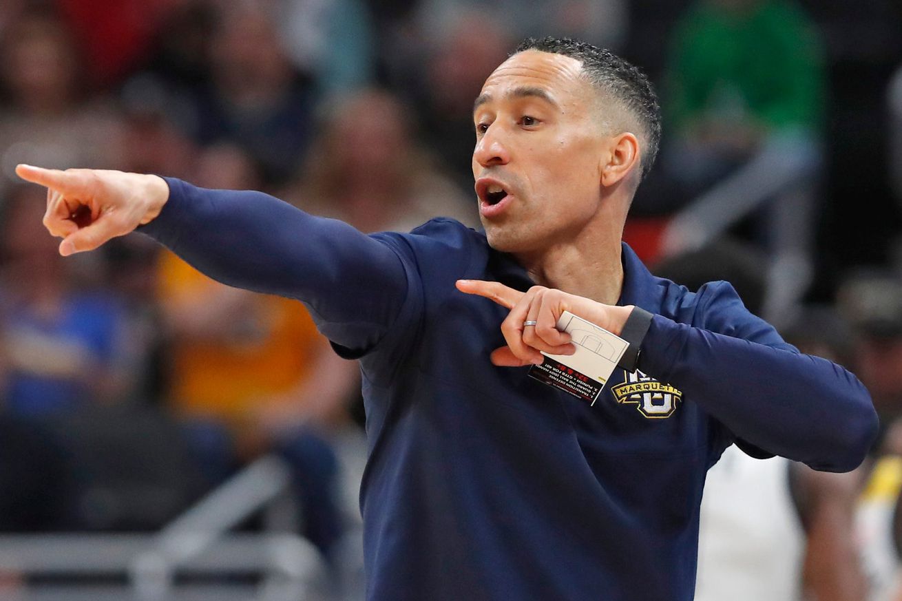 Marquette Golden Eagles head coach Shaka Smart yells down court during NCAA Men’s Basketball Tournament game against the Western Kentucky Hilltoppers, Friday, March 22, 2024, at Gainbridge Fieldhouse in Indianapolis. 