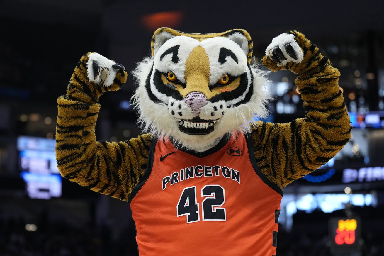 The Princeton Tigers mascot performs against the Arizona Wildcats during the first half in the first round of the NCAA Men’s Basketball Tournament at Golden 1 Center on March 16, 2023 in Sacramento, California.