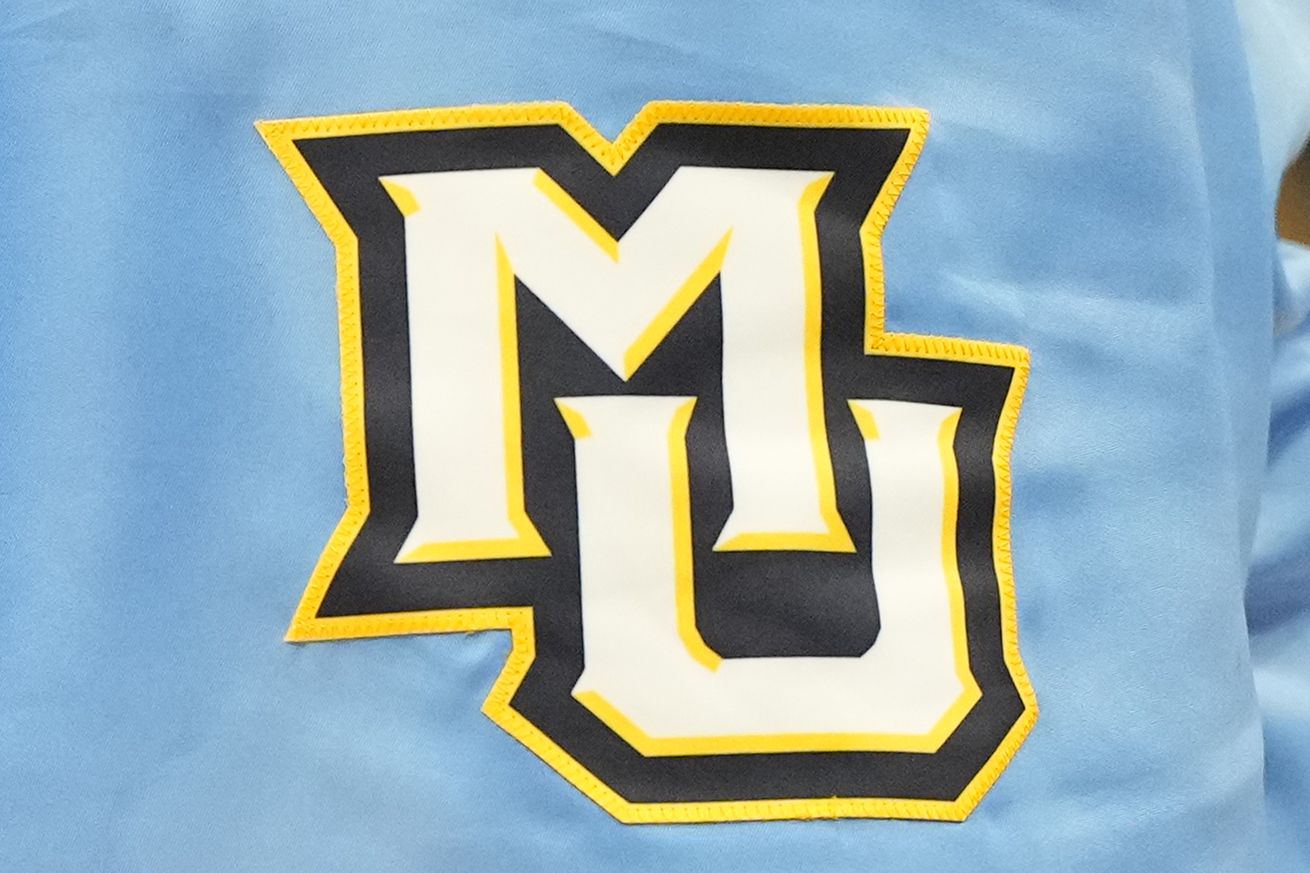 The Marquette Golden Eagles logo on a pic of shorts during a college basketball game against the Texas Longhorns at the Fiserv Forum on December 6, 2023 in Milwaukee, Wisconsin.