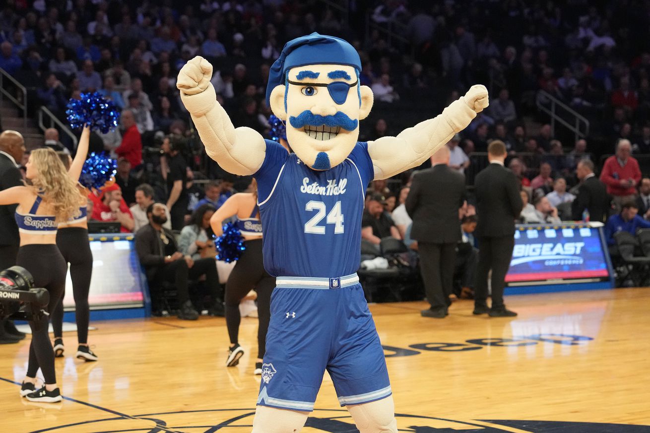 The Seton Hall Pirates mascot on the floor during the Quarterfinals of the Big East Basketball Tournament against the St. John’s Red Storm at Madison Square Garden on March 14, 2024 in New York City.