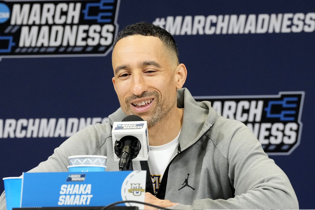 Head coach Shaka Smart of the Marquette Golden Eagles addresses the media during NCAA Men’s Basketball Tournament - Practice Day at Gainbridge Fieldhouse on March 21, 2024 in Indianapolis, Indiana.