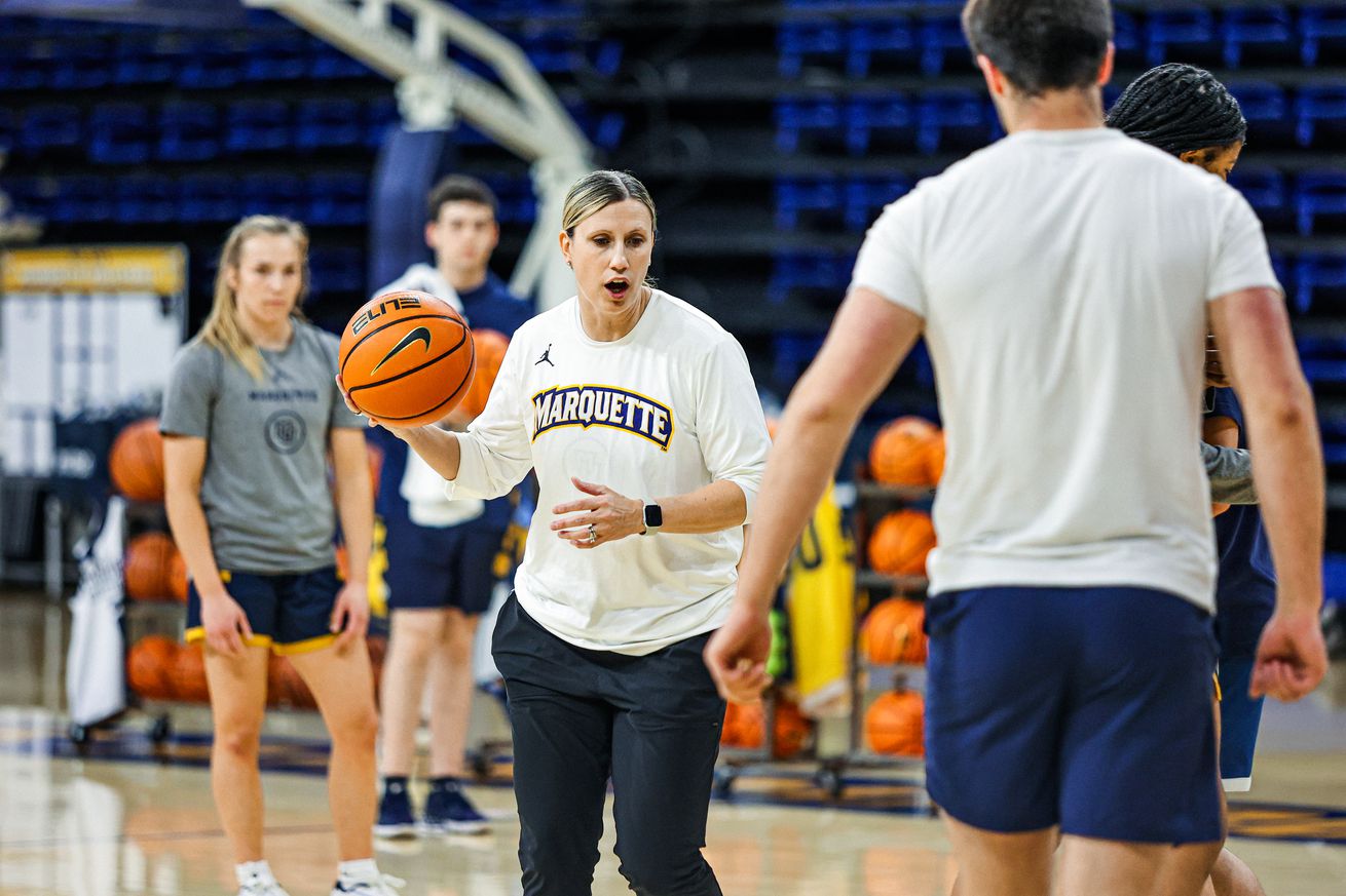 Marquette women’s basketball head coach Cara Consuegra instructing her team during practice.