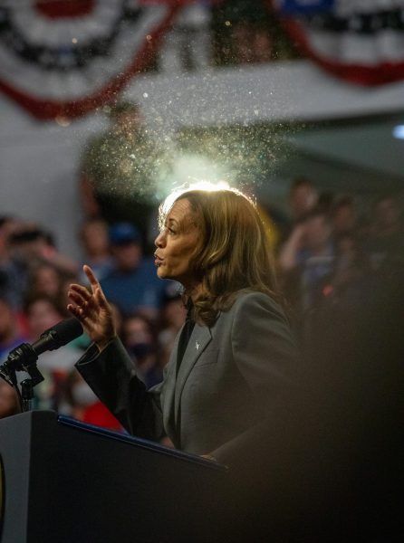 Vice President Kamala Harris at her rally in the Veterans Memorial Coliseum in Madison, Wisconsin on September 20th, 2024.