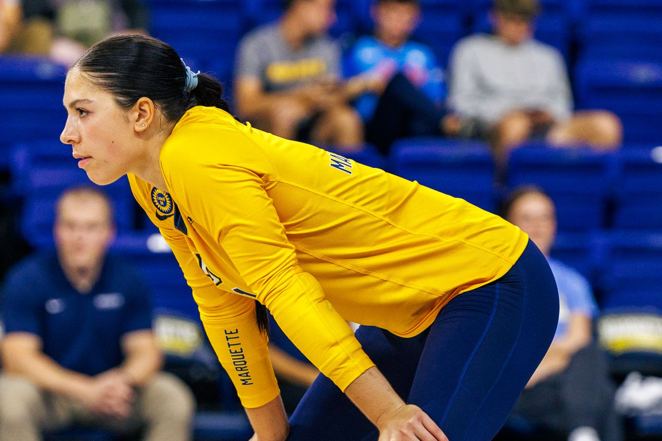 Marquette volleyball’s Jadyn Garrison readies for action against Providence.