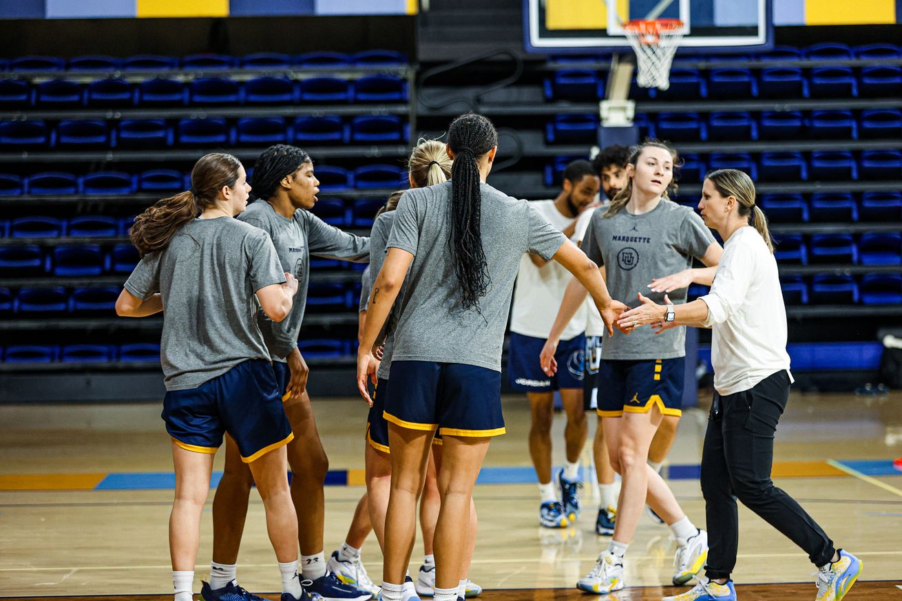 Marquette women’s basketball head coach Cara Consuegra coaching her team during practice.