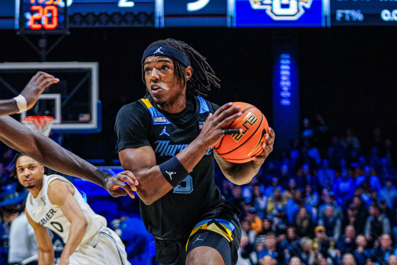 Marquette’s Tre Norman with the ball on the road against Xavier in the 2023-24 season.