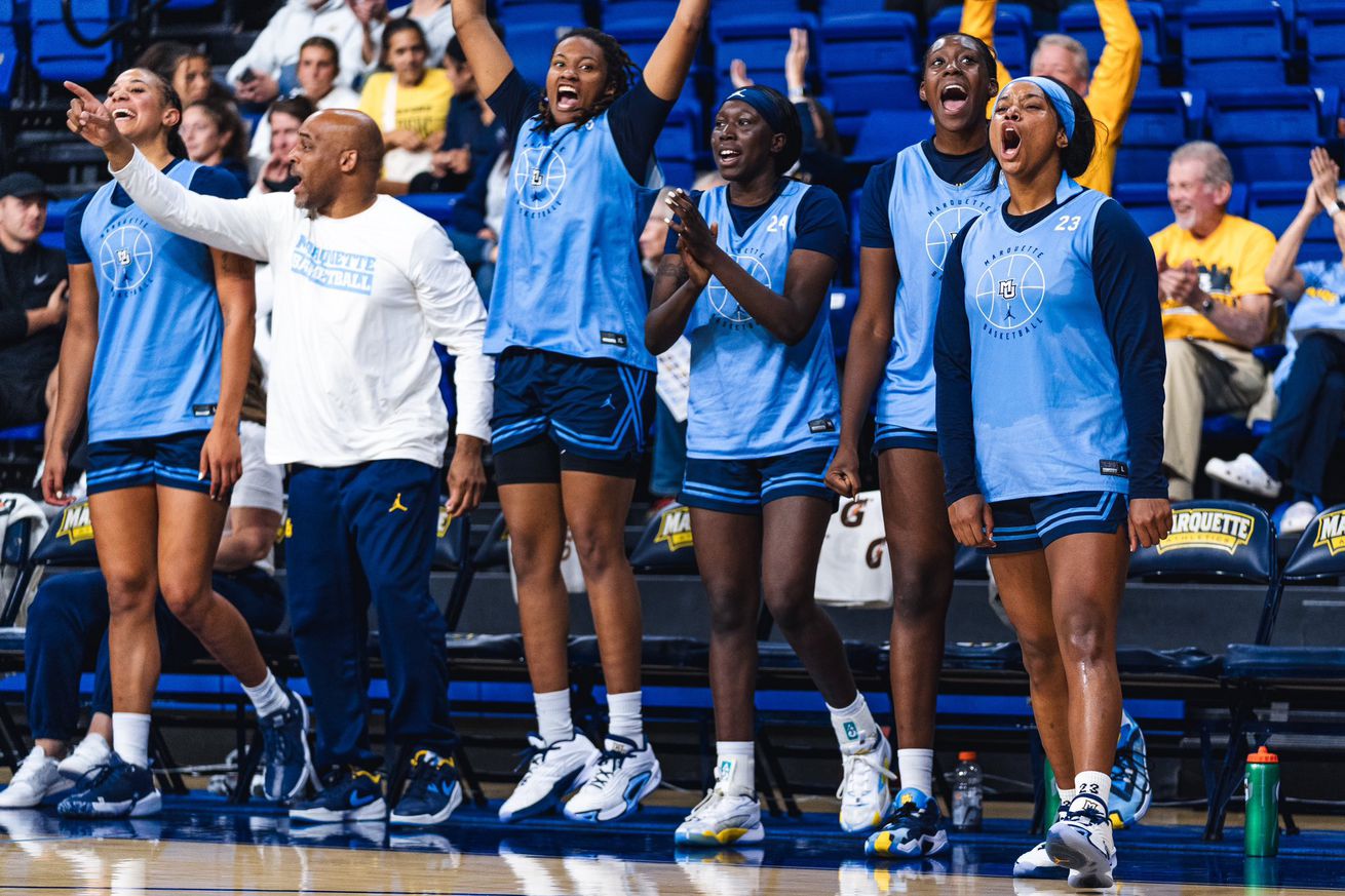 Marquette Women’s Basketball celebrates a play during an open scrimmage on October 4, 2024.