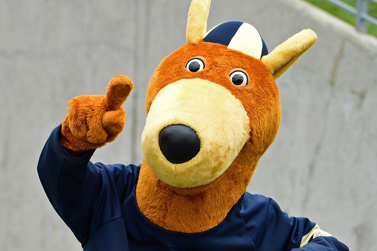 Akron Zips mascot Zippy performs in the third quarter in a game between the Akron Zips and Iowa State Cyclones at InfoCision Stadium.