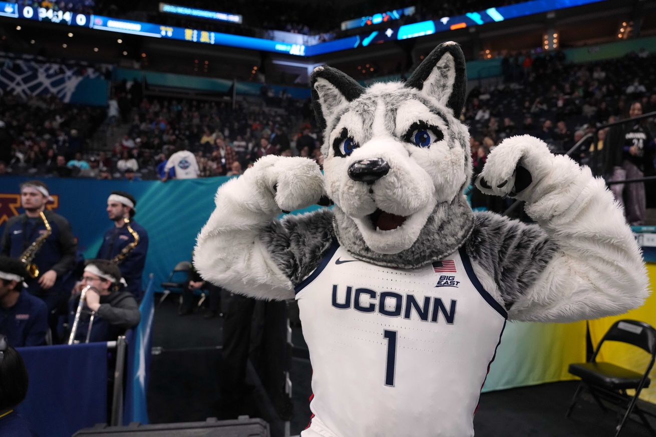 UConn Huskies mascot poses before the Final Four championship game of the women’s college basketball NCAA Tournament at Target Center. 