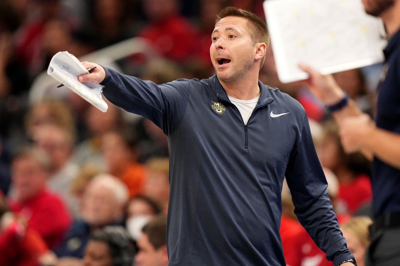 Marquette head coach Ryan Theis is shown during their volleyball match against Wisconsin Wednesday, September 13, 2023 at Fiserv Forum in Milwaukee, Wis. Official attendance was 17,037 making it the largest indoor regular-season crowd for a volleyball match in NCAA history and the largest crowd to see a women s sporting event in Wisconsin history.