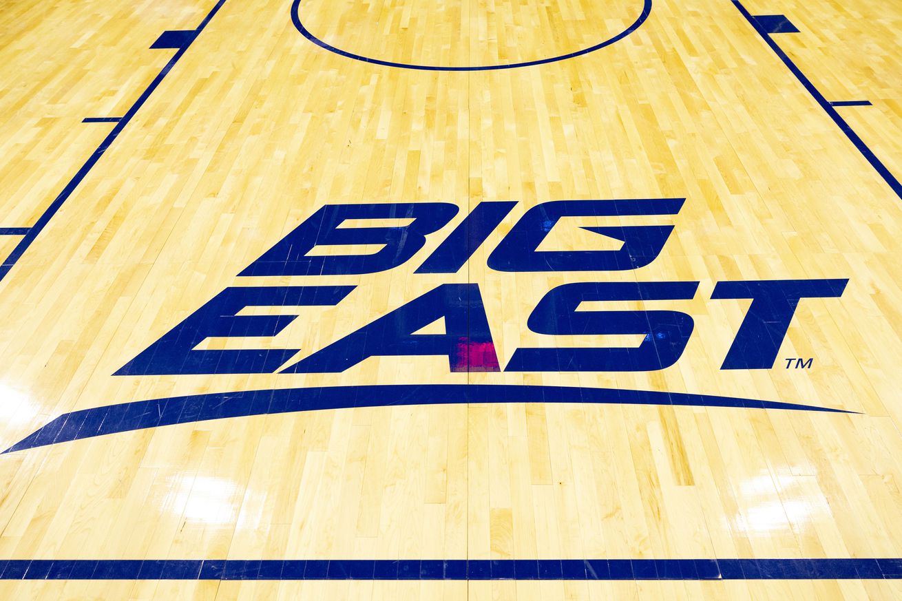 General view of the Big East logo on the court at Wells Fargo Center before a game between the Villanova Wildcats and the Connecticut Huskies. 