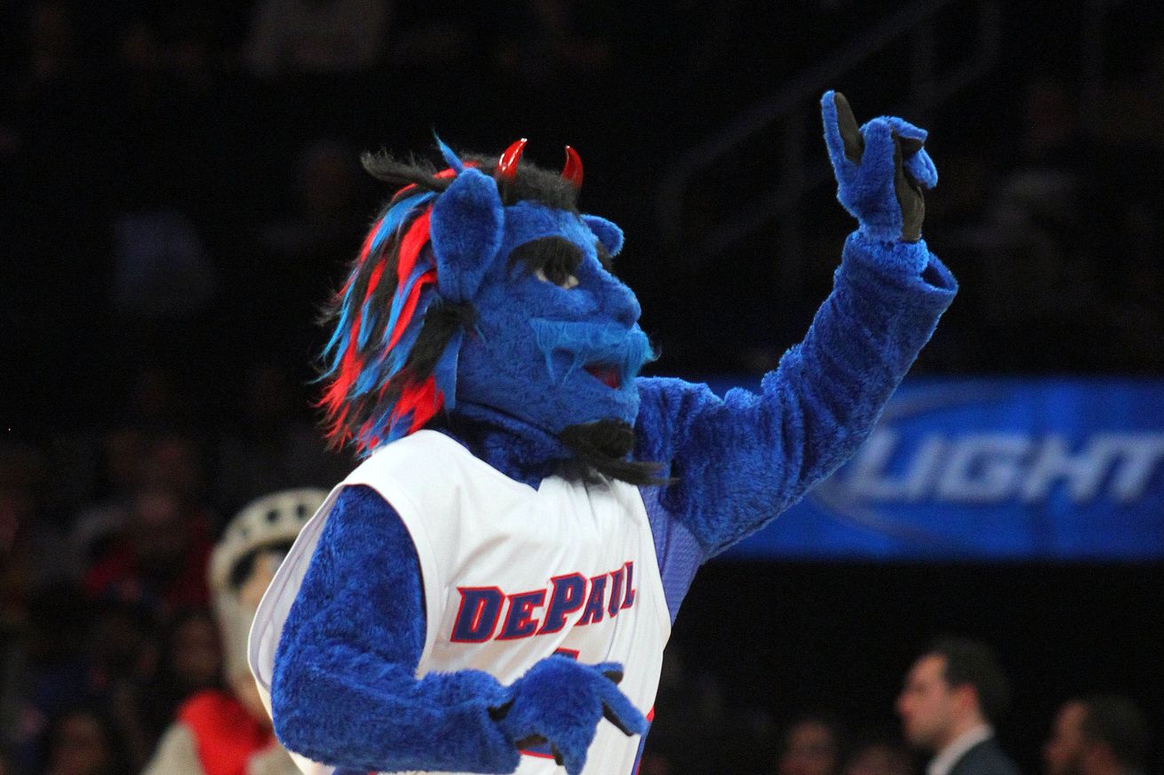 The DePaul Blue Demons mascot performs against the Rutgers Scarlet Knights during the first half of a Big East tournament game at Madison Square Garden.