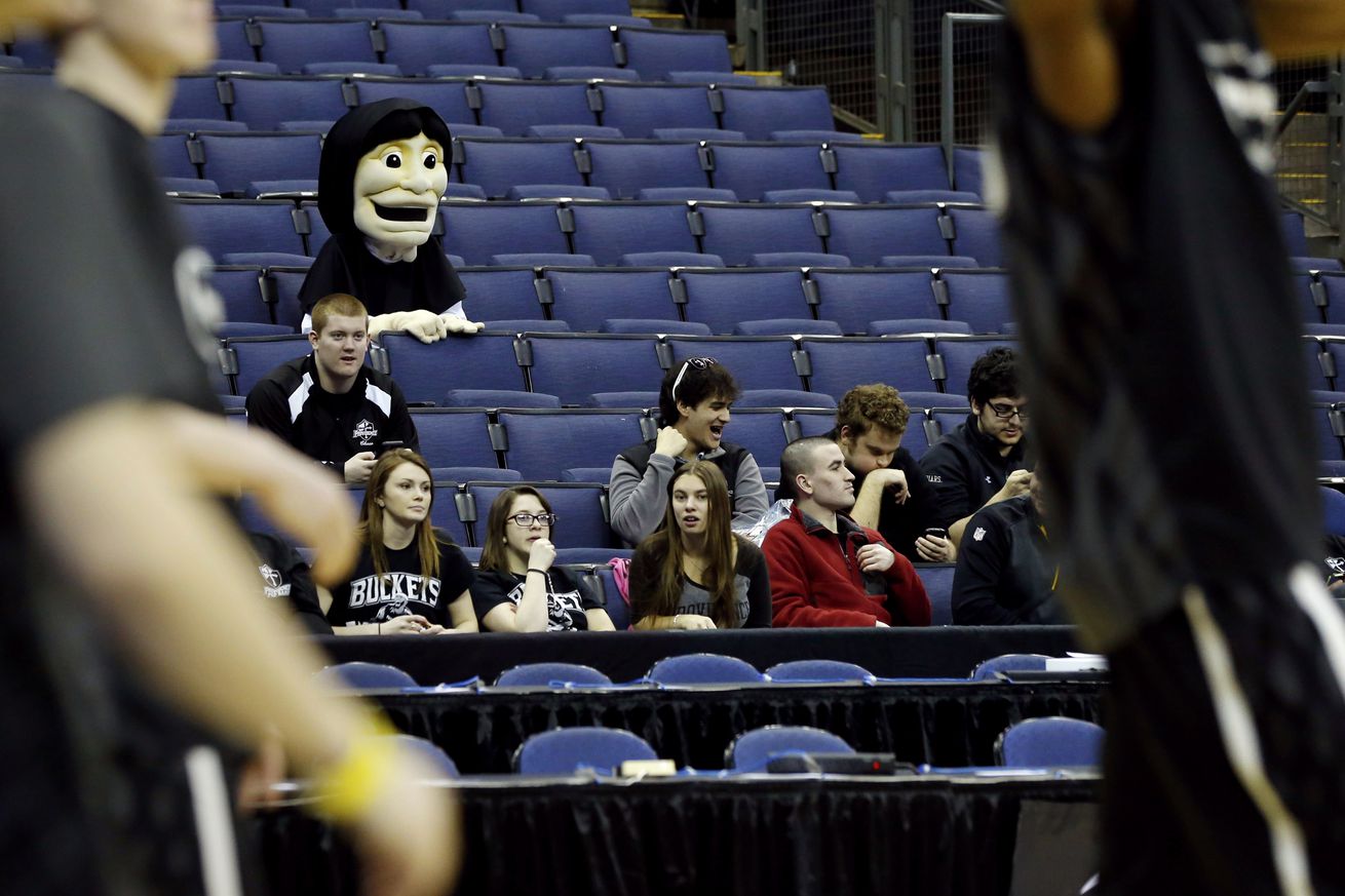 Providence Friars mascot sits in the stands during practice before the second round of the 2015 NCAA Tournament at Nationwide Arena.