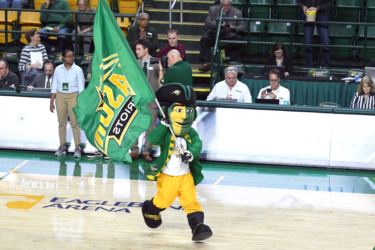 The George Mason Patriots mascot runs out on the floor before a college basketball game against the Saint Louis Billikens at the Eagle Bank Arena on March 4, 2020 in Fairfax, VA.