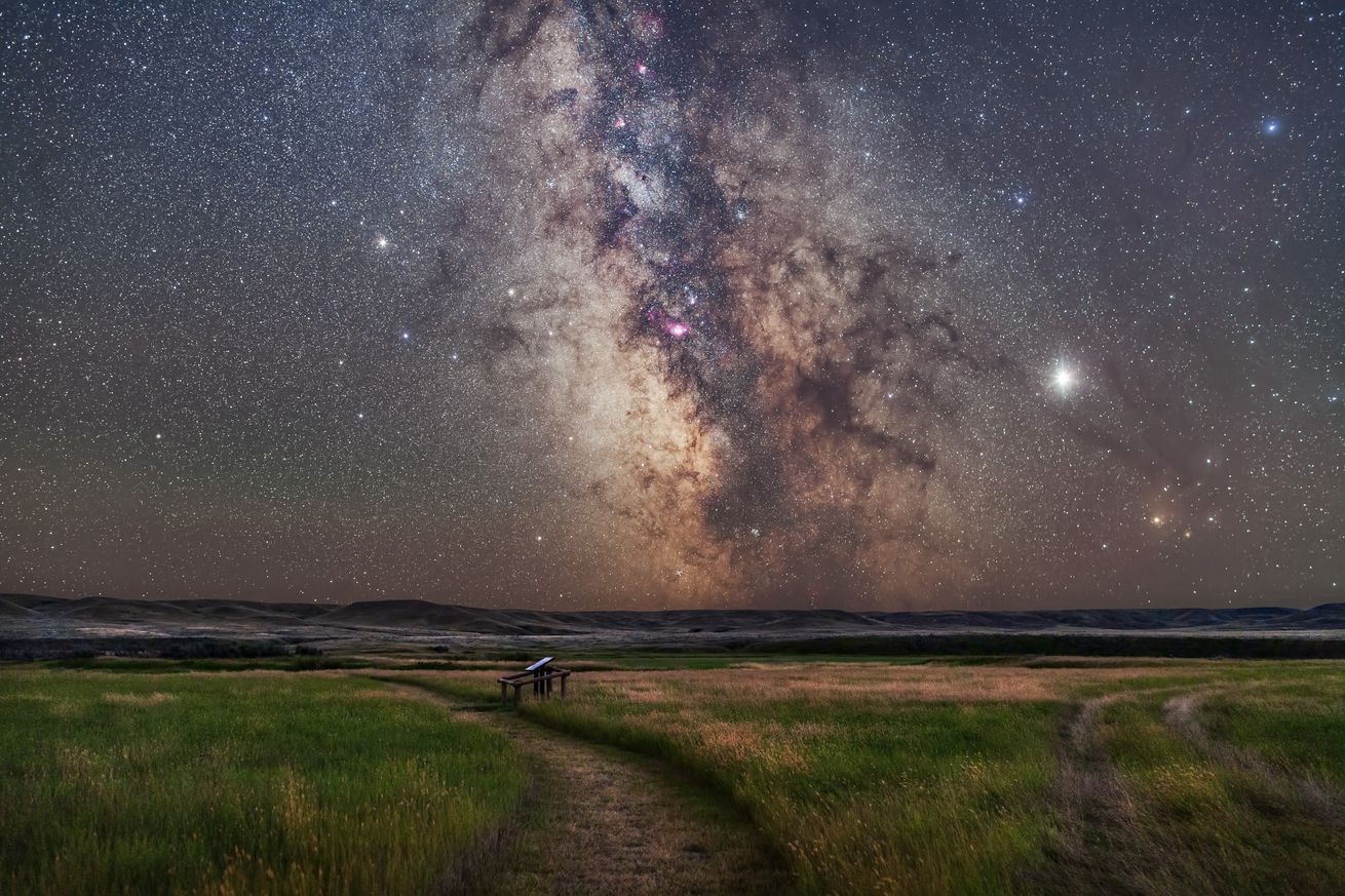 The core of the Milky Way in Sagittarius low in the south over the Frenchman River valley at Grasslands National Park, Saskatchewan. This is from the 76 Ranch Corral site. Grasslands is a Dark Sky Preserve. 