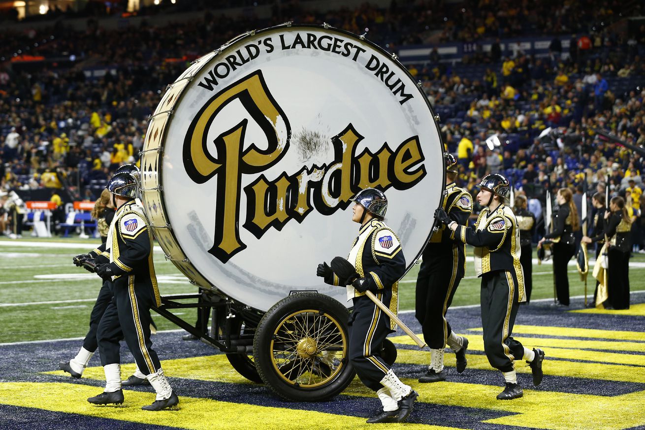 The Purdue Marching Ban wheels out the Worlds Largest Drum during the Big Ten Championship Game between the Michigan Wolverines and the Purdue Boilermaker on December 03,2022, at Lucas Oil Stadium in Indianapolis, IN.