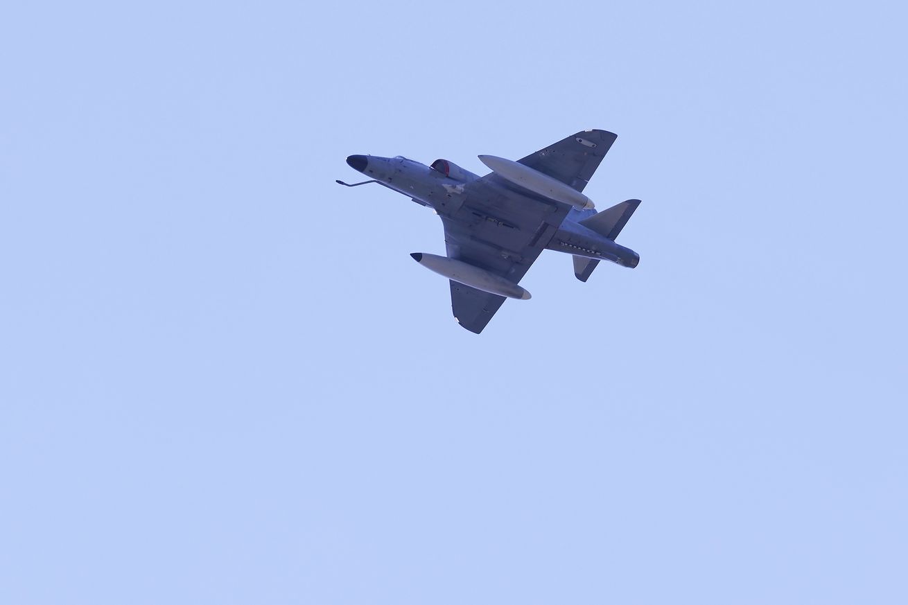 A Douglas A-4 “Skyhawk” fighter aircraft of the German Air Force takes off from the air base of the Oswald-Boelcke barracks as part of the military exercise “Air Defender 2023”.