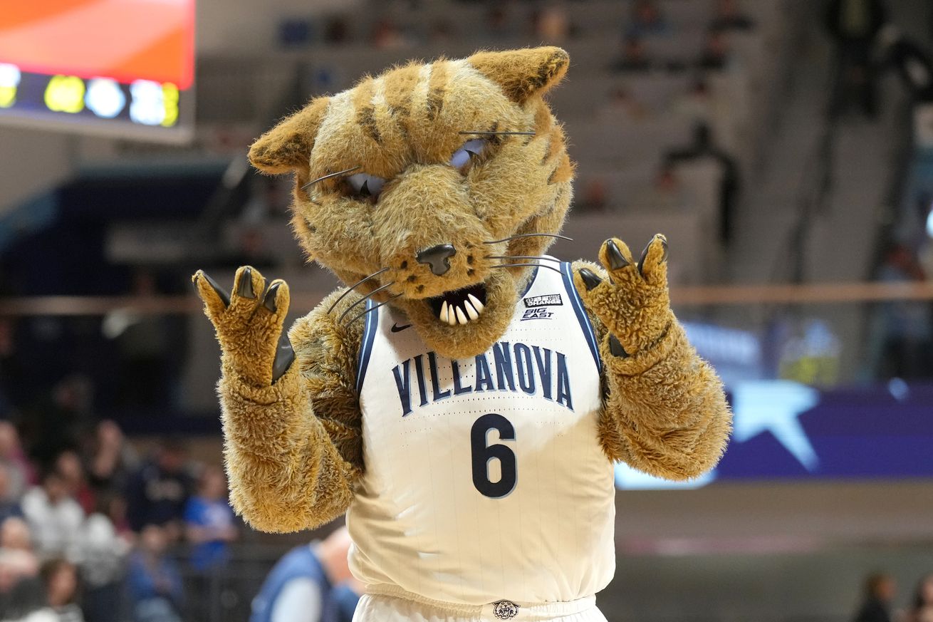 The Villanova Wildcats mascot on the floor during a college basketball game against the Marquette Golden Eagles at Finneran Pavilion on December 31, 2022 in Villanova, Pennsylvania.