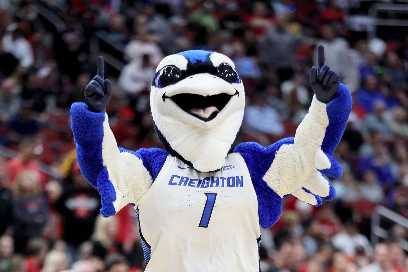 The Creighton Bluejays mascot performs against the San Diego State Aztecs during the first half in the Elite Eight round of the NCAA Men’s Basketball Tournament at KFC YUM! Center on March 26, 2023 in Louisville, Kentucky.