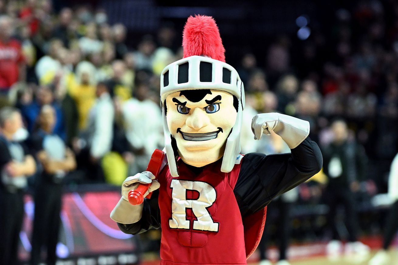 The Rutgers Scarlet Knights mascot performs before the game against the Iowa Hawkeyes at Jersey Mike’s Arena on January 05, 2024 in Piscataway, New Jersey.