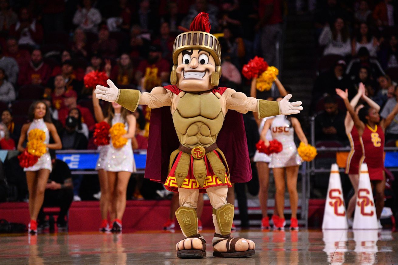 The USC mascot looks on during the Texas A&M-Corpus Christi Islanders game versus the USC Trojans in the first round of the NCAA Division I Women’s Championship on March 23, 2024, at the Galen Center in Los Angeles, CA.