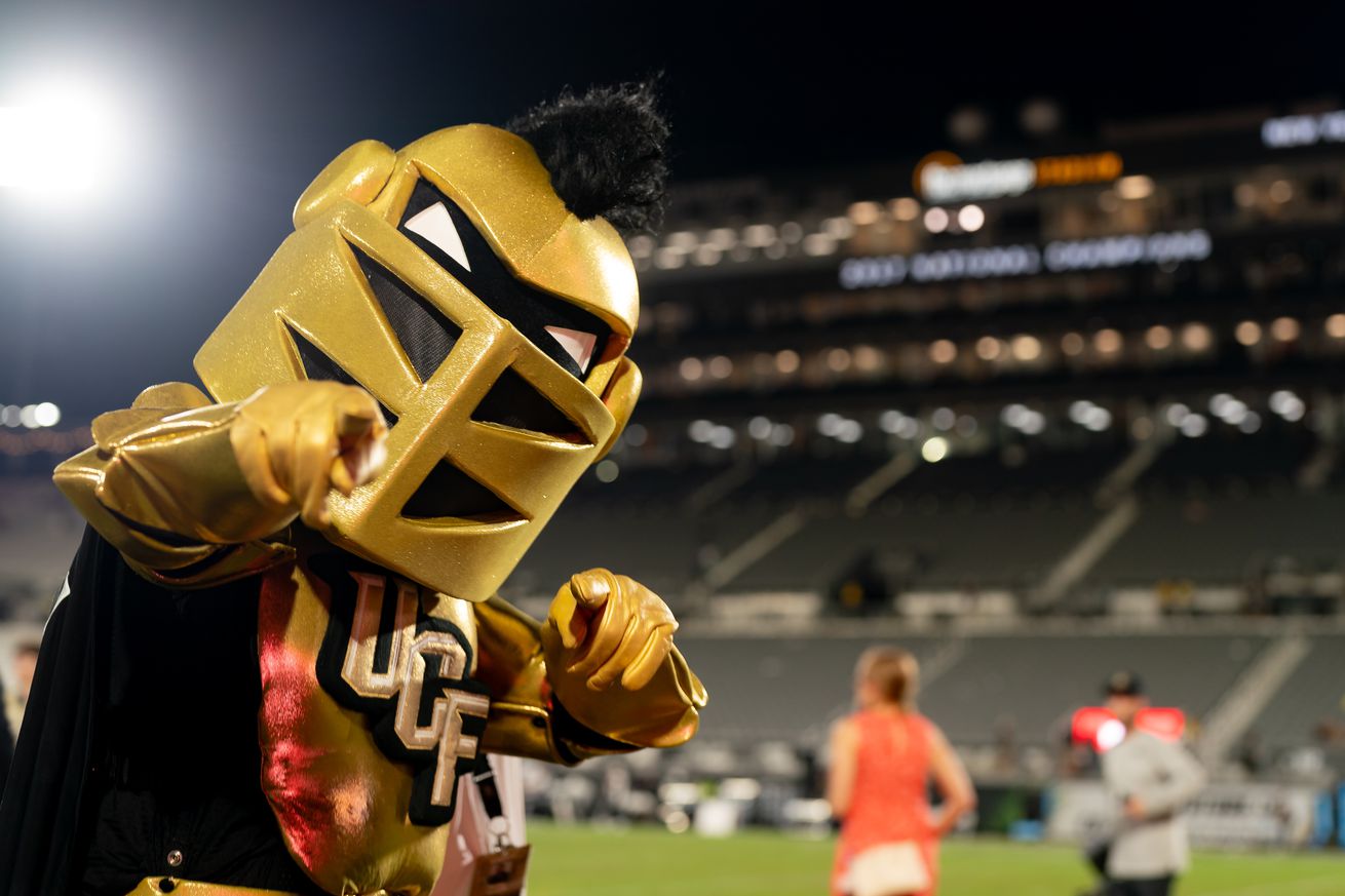 UCF Knights mascot Knightro poses for a photo after a college football game between the Colorado Buffaloes and the UCF Knights on September 28th, 2024 at FBC Mortgage Stadium in Orlando, FL.