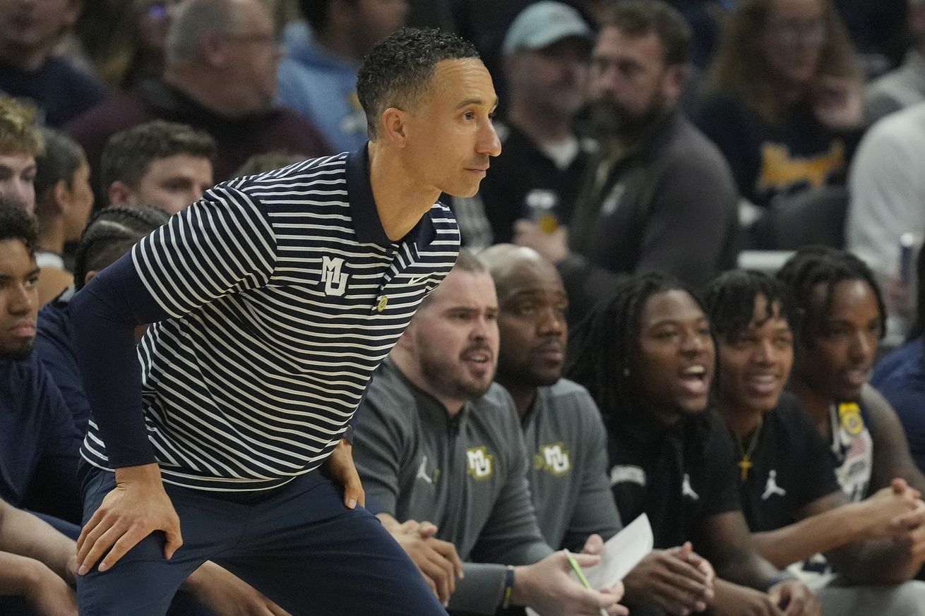 Head coach Shaka Smart of the Marquette Golden Eagles looks on against the Stony Brook Seawolves during the first half of a game at Fiserv Forum on November 04, 2024 in Milwaukee, Wisconsin.