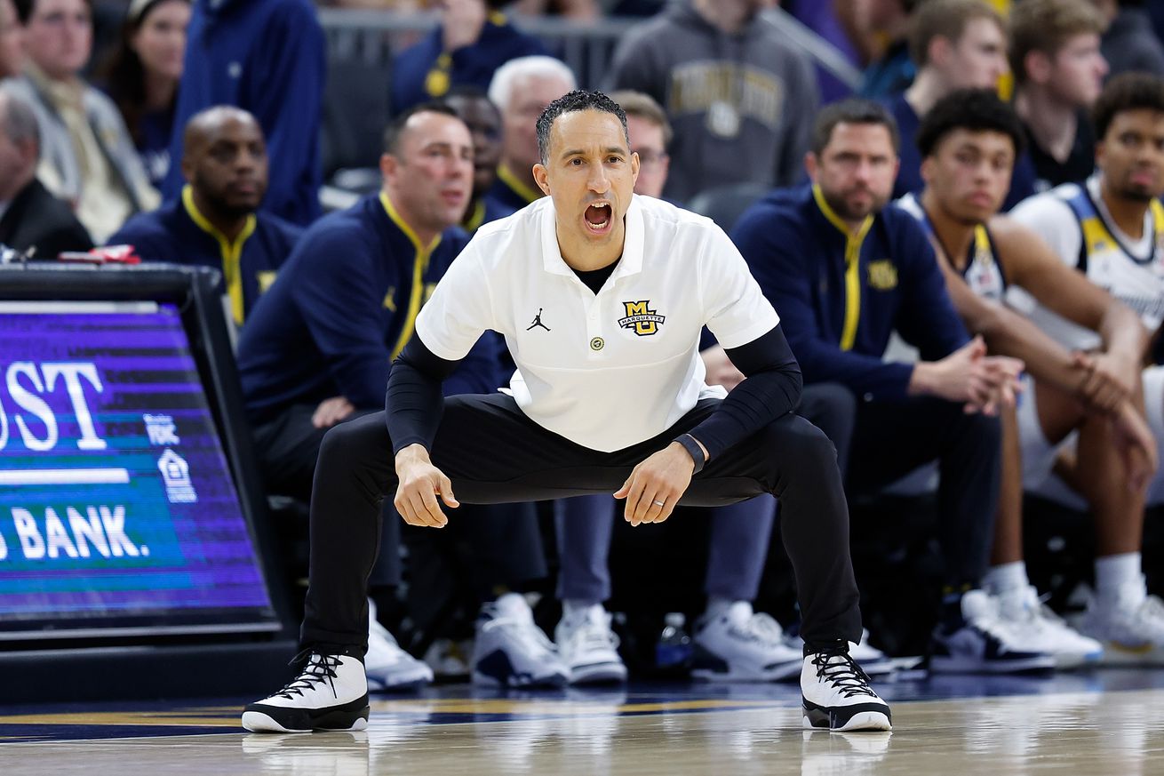 Shaka Smart head coach of the Marquette Golden Eagles in the first half of the game against the Central Michigan Chippewas at Fiserv Forum on November 11, 2024 in Milwaukee, Wisconsin.