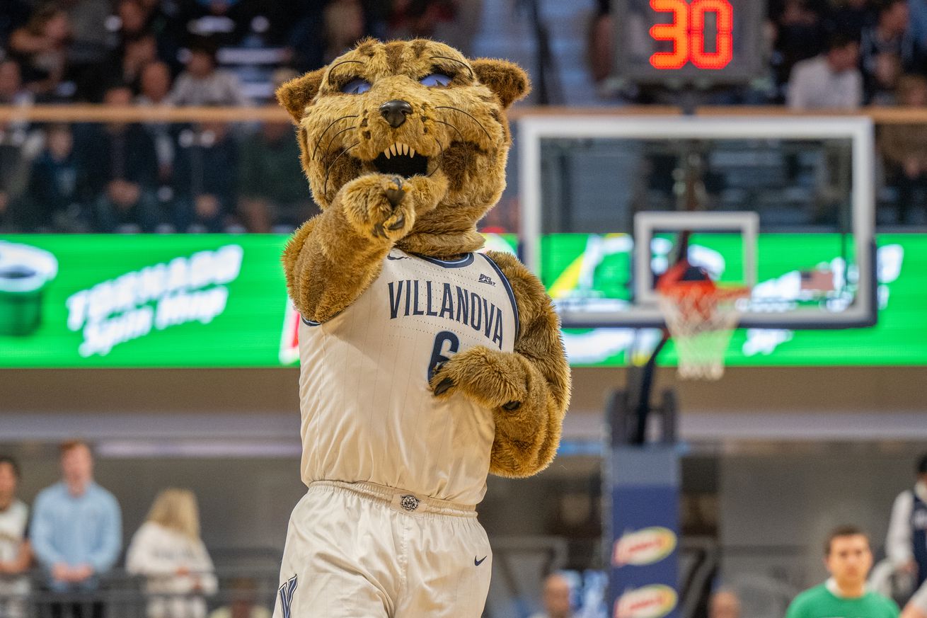 Villanova mascot Will D. Cat revs up the fans during the game between the Villanova University Wildcats and the University of Pennsylvania Quakers on November 19th, 2024 at Finneran Pavilion in Villanova, PA.