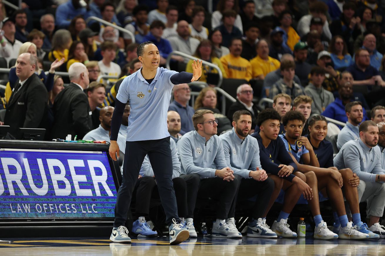 Head coach Shaka Smart of the Marquette Golden Eagles watches action during a game against the Purdue Boilermakers at Fiserv Forum on November 19, 2024 in Milwaukee, Wisconsin.