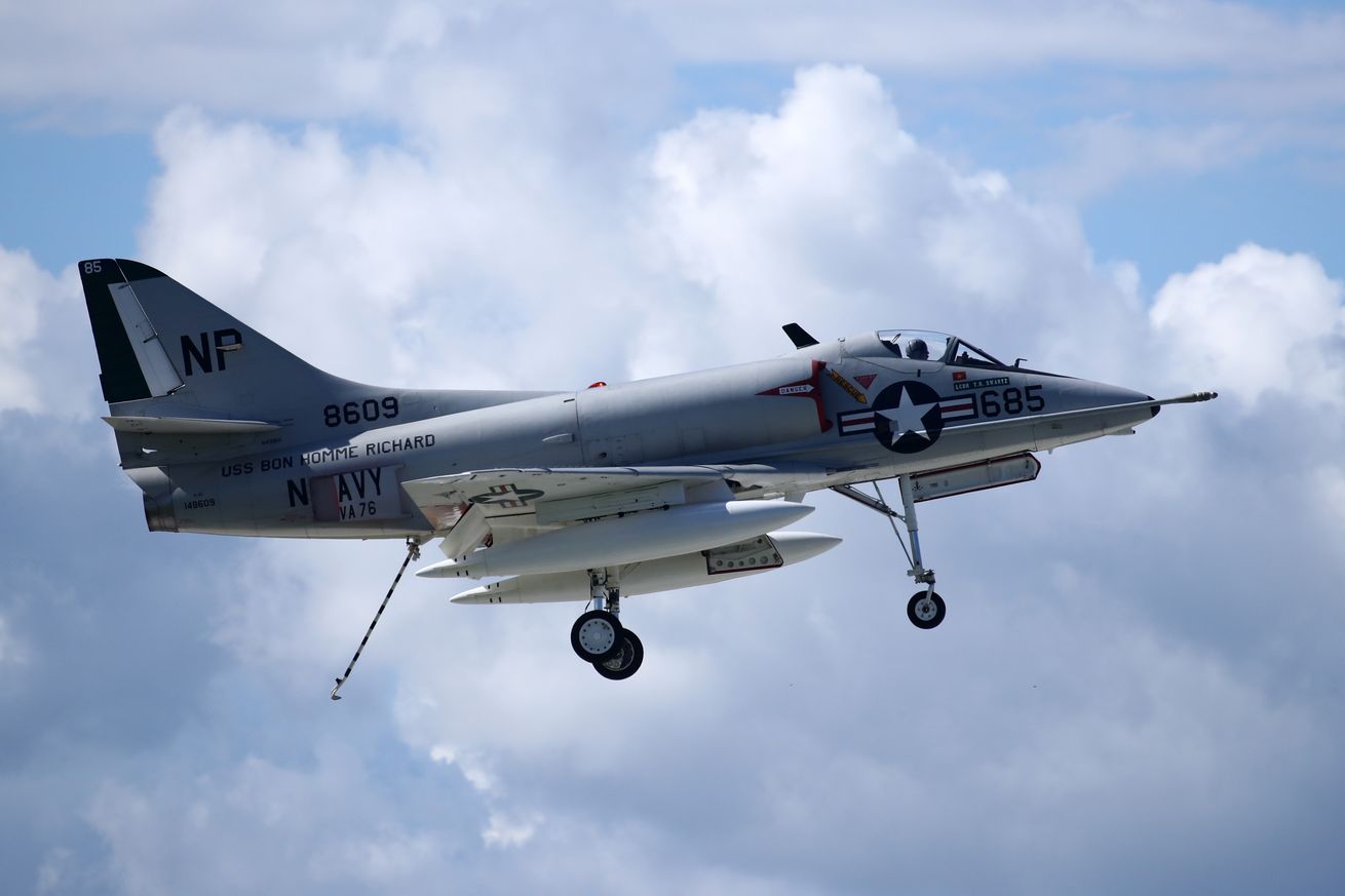 Pilot Paul Wood flies a A-4 Skyhawk plane during the Northern Illinois Airshow, formerly known as Wings Over Waukegan/Waukegan Air Show, in Waukegan city, Illinois on September 10, 2016. 