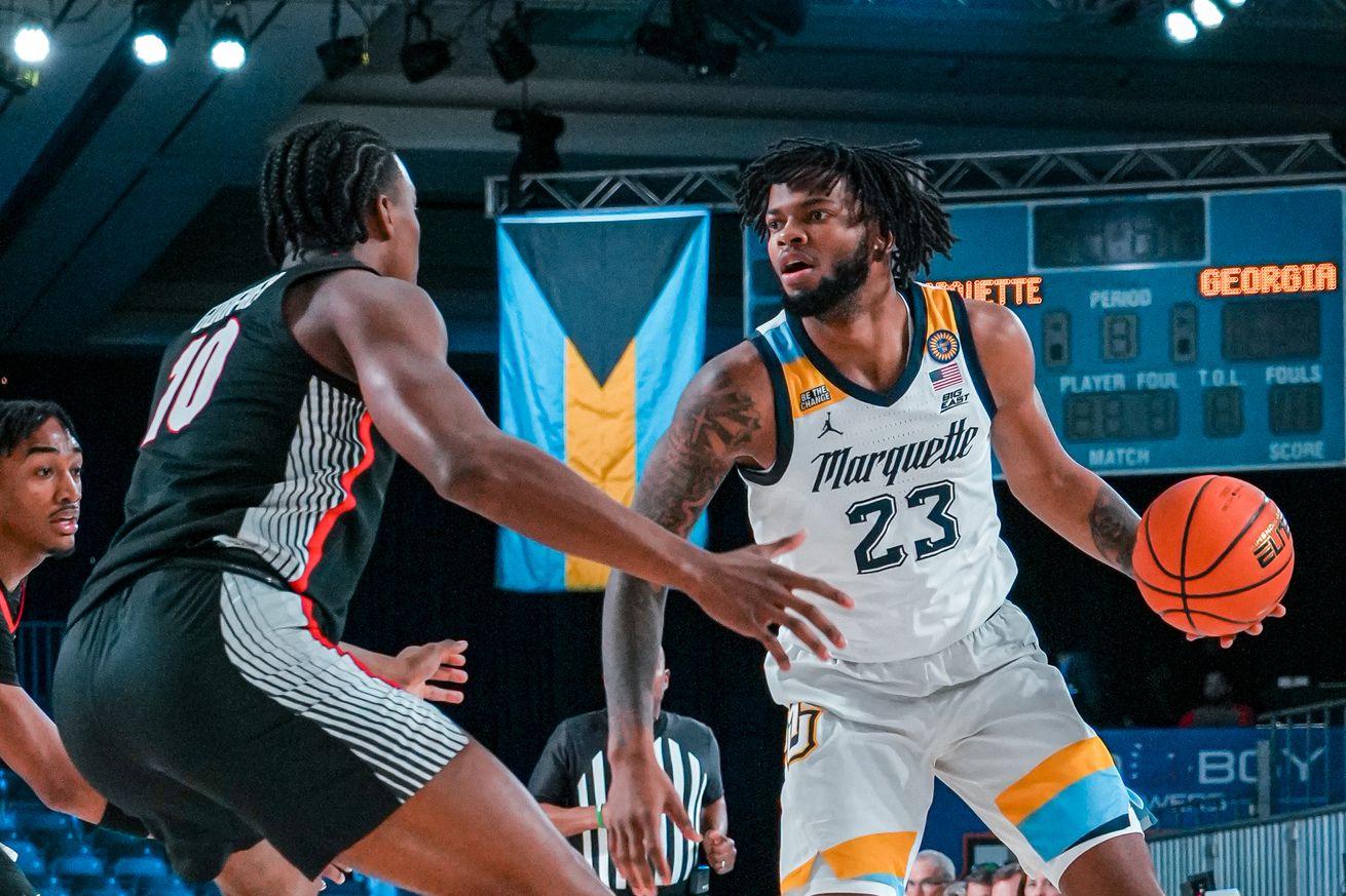 Marquette men’s basketball forward David Joplin with the ball against Georgia on November 23, 2024.