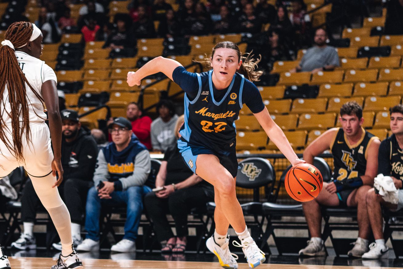 Marquette women’s basketball forward Halle Vice in action with the ball against UCF Knights.